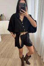 Hasır Kemerli Şort Gömlek Takım Siyah - Görsel 2