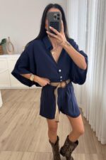 Hasır Kemerli Şort Gömlek Takım Lacivert - Görsel 2