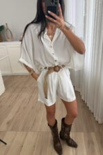 Hasır Kemerli Şort Gömlek Takım Beyaz - Görsel 2