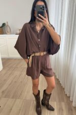 Hasır Kemerli Şort Gömlek Takım Kahverengi - Görsel 2