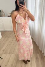 İp Askılı Fırfırlı Çiçekli Elbise Pembe - Görsel 2