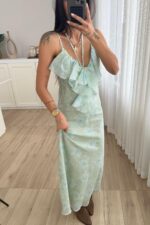 İp Askılı Fırfırlı Çiçekli Elbise Yeşil - Görsel 2