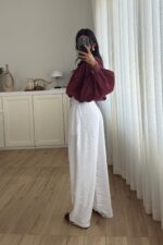 Benek Tokalı Pileli Tensel Pantolon Beyaz - Görsel 3