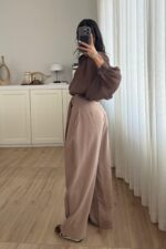 Benek Tokalı Pileli Tensel Pantolon Vizon - Görsel 3