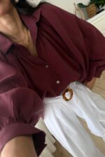 Balon Kol Transparan Gömlek Bordo - Görsel 2