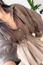 Balon Kol Transparan Gömlek Kahverengi - Görsel 2