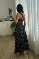 Çapraz Askılı Puantiyeli Fermuarlı Elbise Siyah - Görsel 4