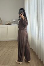 Modal Kumaş Uzun Kollu Şalvar Takım Kahverengi - Görsel 5