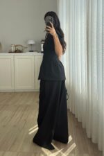 Ous Kısa Kol Belden Oturtmalı Pantolon Takım Siyah - Görsel 4