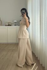 Ous Kısa Kol Belden Oturtmalı Pantolon Takım Taş - Görsel 3