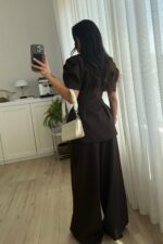 Ous Kısa Kol Belden Oturtmalı Pantolon Takım Kahverengi - Görsel 3