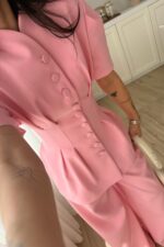 Ous Kısa Kol Belden Oturtmalı Pantolon Takım Pembe - Görsel 3