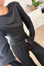 Beli Ayarlanabilir Uzun Kollu Bluz Eşofman Takım Siyah - Görsel 3