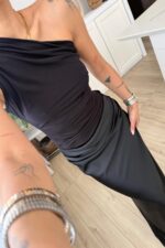 Tek Omzu Drapeli Saten Elbise Siyah - Görsel 3