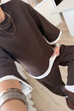 Üstü İki Parça Pantolon Takım Kahverengi - Görsel 3