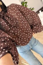 Fularlı Yarasa Kol Puantiyeli Bluz Kahverengi - Görsel 3