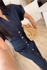 Denim Düşük Kol Beli Drapeli Lacivert Elbise - Görsel 3