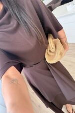 Yarasa Kol Belden Oturtmalı Etek Takım Kahverengi - Görsel 3