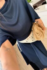 Yarasa Kol Belden Oturtmalı Etek Takım Lacivert - Görsel 3