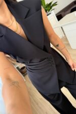 Drapeli Beli Bağlamalı Yelek Takım Siyah - Görsel 3