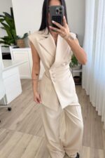 Drapeli Beli Bağlamalı Yelek Takım Bej - Görsel 2