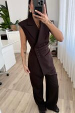 Drapeli Beli Bağlamalı Yelek Takım Kahverengi - Görsel 2