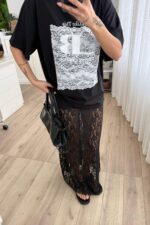 Kısa Astarlı Güpürlü Midi Etek Siyah - Görsel 3