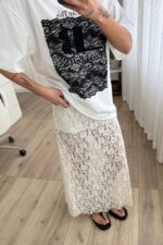 Kısa Astarlı Güpürlü Midi Etek Beyaz - Görsel 3