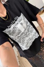 Born Önü Dantelli Tişört Siyah - Görsel 2