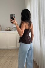 Balenli Straplez Bluz Kahve - Görsel 4