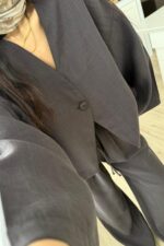 Tek Düğmeli Tensel Kimono Takım Kahverengi - Görsel 3