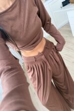 Pantolonu Pileli Bluz Takım Kahverengi - Görsel 3