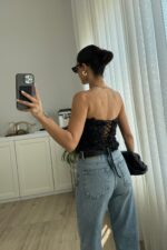 Balenli Güllü Straplez Bluz siyah - Görsel 3