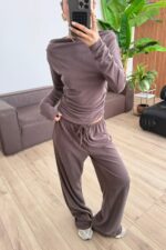 Relax Düşük Omuz Bluz Pantolon Takım Kahverengi - Görsel 2