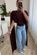 Vatkalı Kolları Pelerinli Bluz Kahverengi - Görsel 2