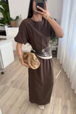 Andreen Beli Pileli Balon Kol Elbise Kahverengi - Görsel 2