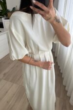 Andreen Beli Pileli Balon Kol Elbise Ekru - Görsel 4