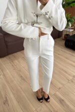 Şık Bağlantı Detaylı Ceket Pantolon Takım Beyaz - Görsel 5