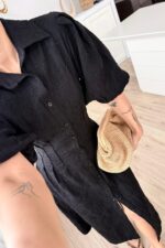 Çiçek Nakışlı Uzun Gömlek Elbise Siyah - Görsel 3