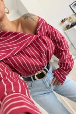 Çizgili Tasarım Gömlek Kırmızı - Görsel 2