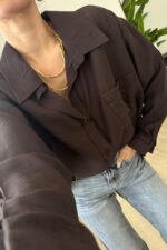 Gk V Yaka Oversize Gömlek Kahverengi - Görsel 2