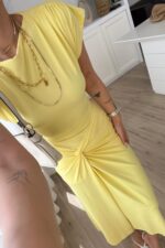 Yırtmaçlı Arkadan Bağlamalı Soft Touch Elbise Sarı - Görsel 3