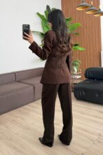 Çapraz Düğmeli Dantel Detaylı Takım Kahverengi - Görsel 3