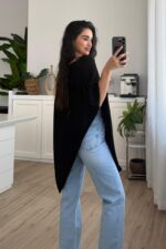 Tek Yanı Açık Triko Panço Siyah - Görsel 3