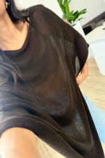 Tek Yanı Açık Triko Panço Kahverengi - Görsel 2