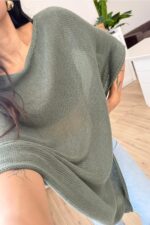 Tek Yanı Açık Triko Panço Haki - Görsel 2