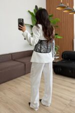 Çapraz Düğmeli Dantel Detaylı Takım Siyah Beyaz - Görsel 4