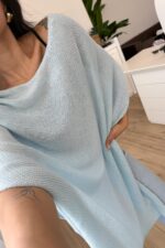 Tek Yanı Açık Triko Panço Mavi - Görsel 2