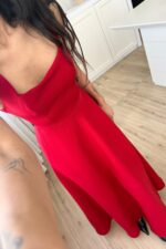 Evsa Kuşaklı Askılı Elbise Kırmızı - Görsel 3