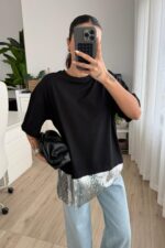 Asimetrik Payet Tişört Siyah - Görsel 2